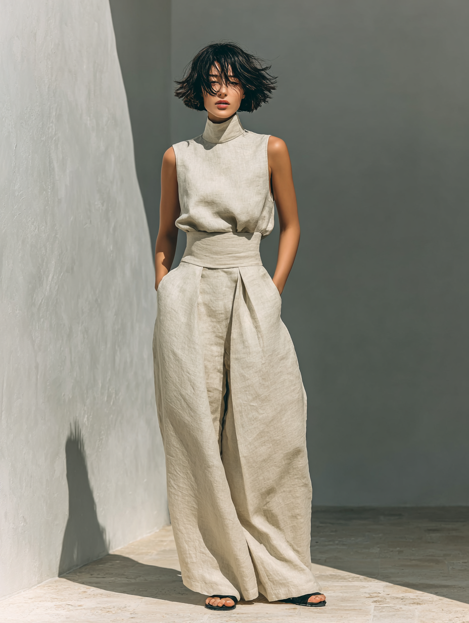 Lili – Conjunto minimalista em algodão e lona: top e calças largas para mulher