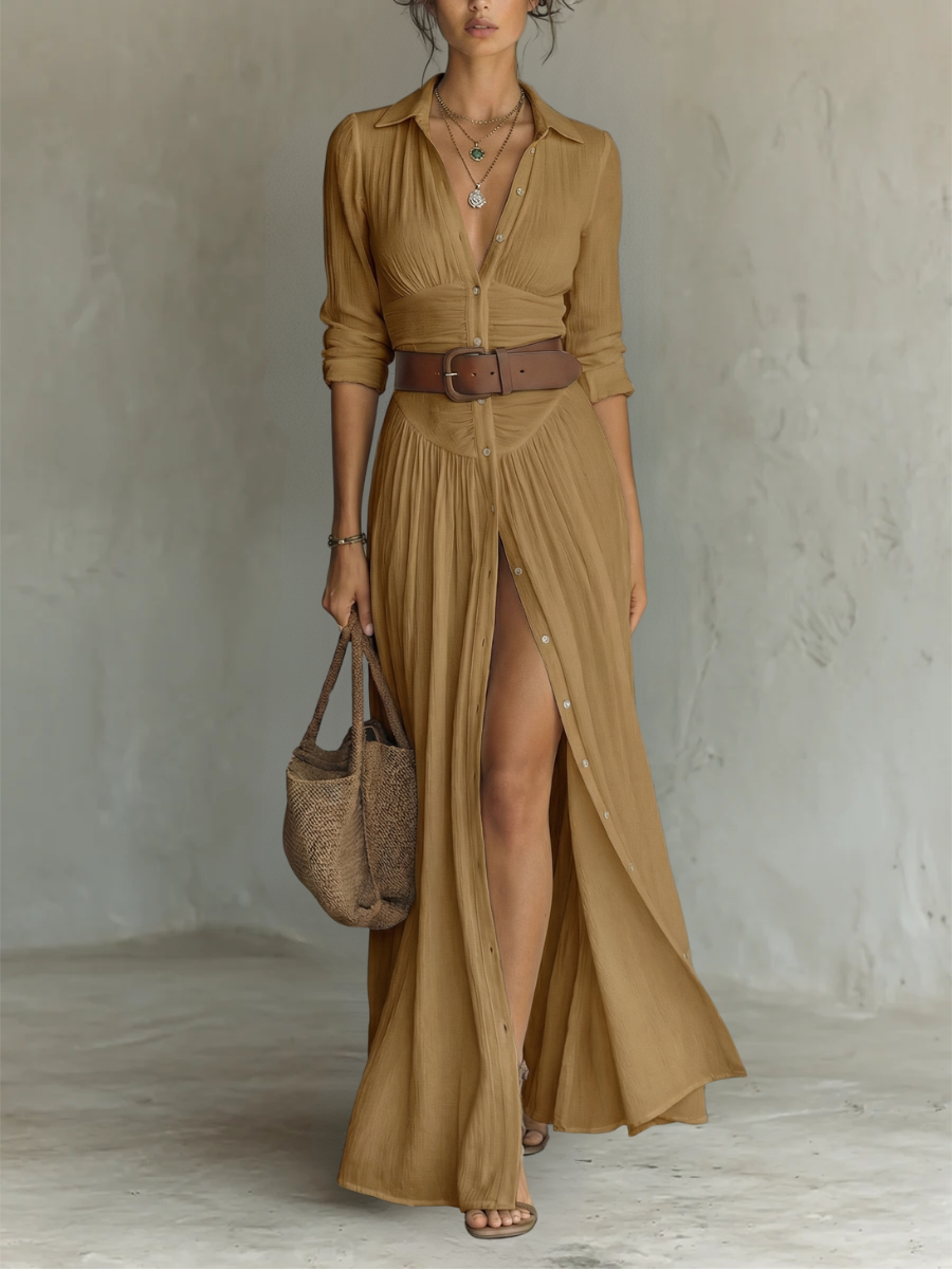 Robe Maxi Mulher | Robe em linho com mangas compridas e gola