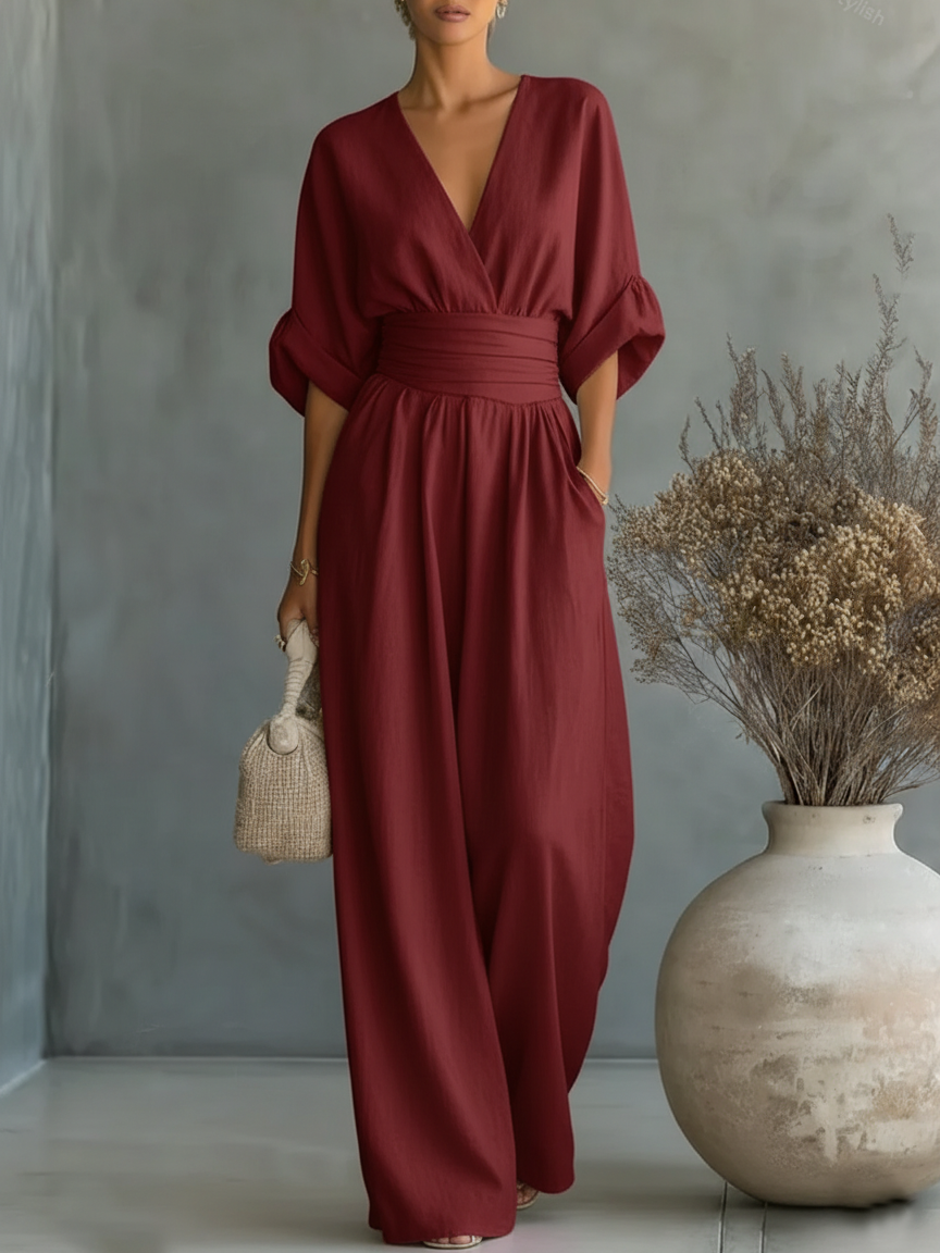 Combinação elegante com decote em V e cintura subida