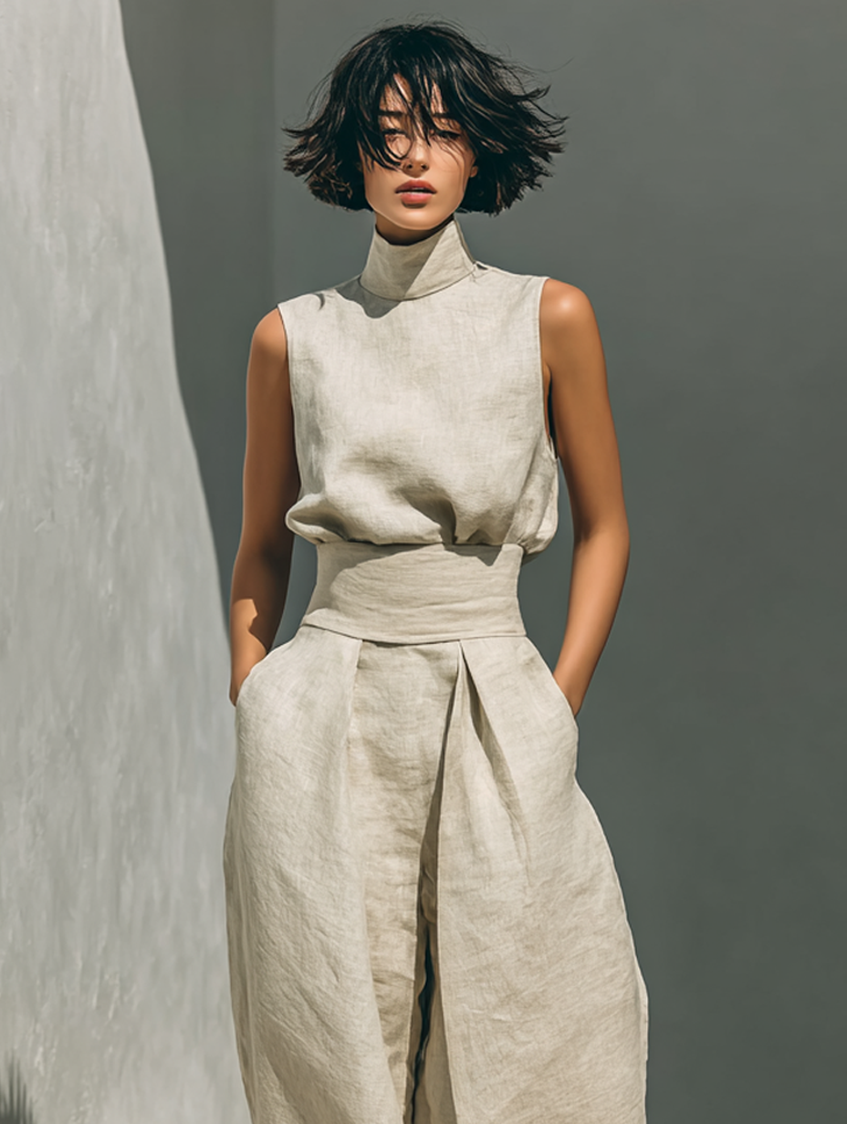 Lili – Conjunto minimalista em algodão e lona: top e calças largas para mulher