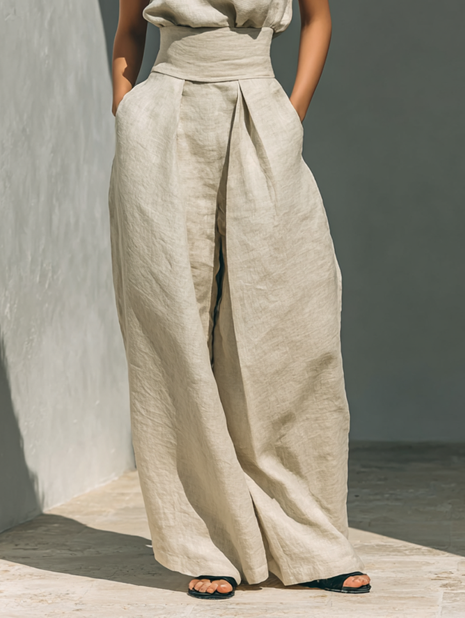 Lili – Conjunto minimalista em algodão e lona: top e calças largas para mulher