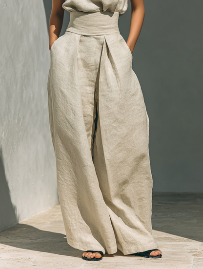 Lili – Conjunto minimalista em algodão e lona: top e calças largas para mulher