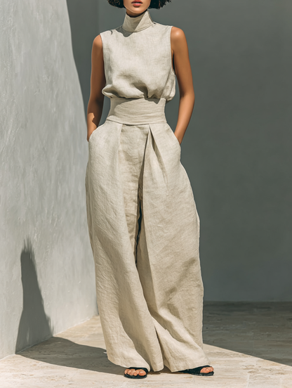 Lili – Conjunto minimalista em algodão e lona: top e calças largas para mulher
