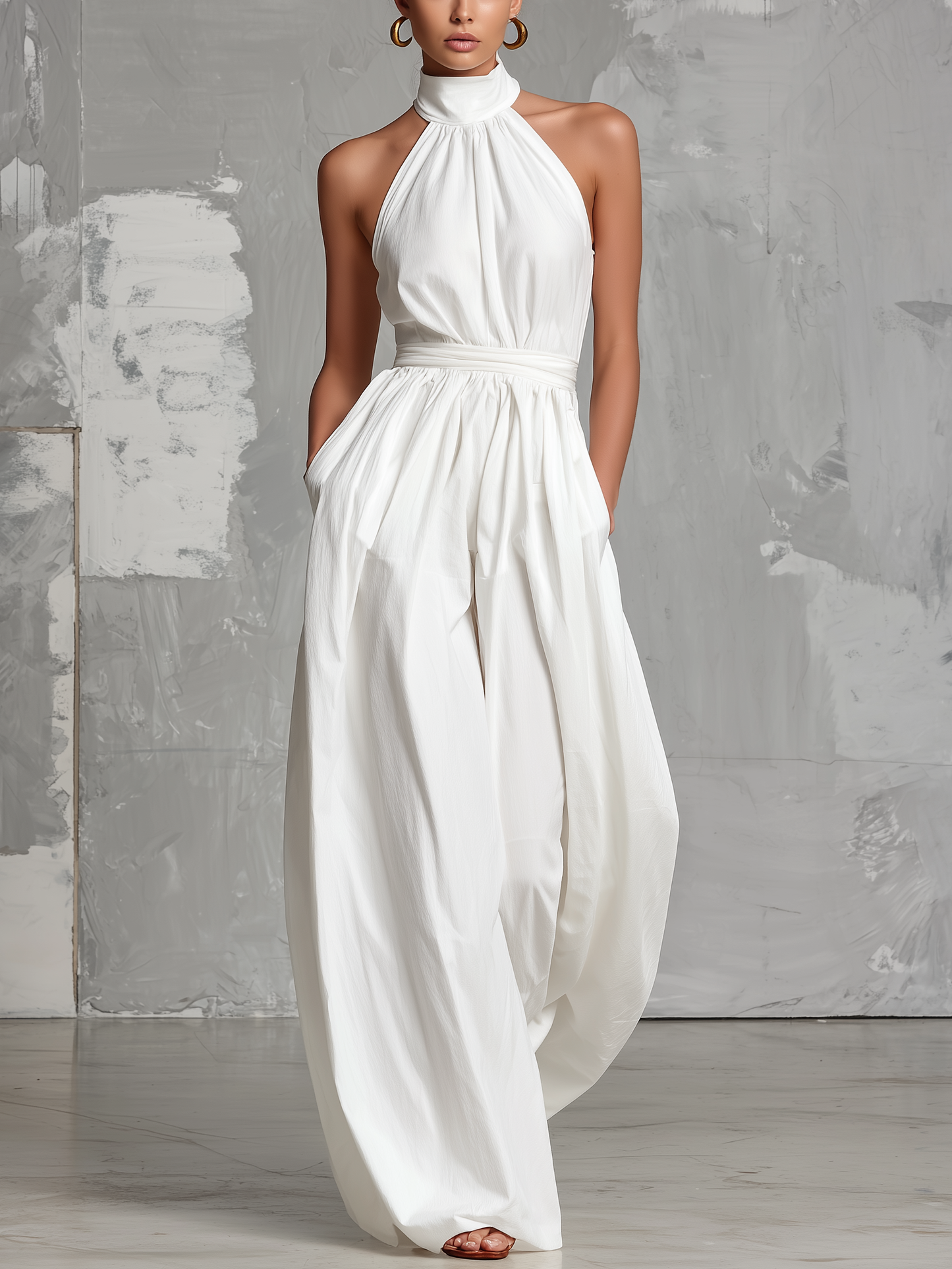 Macacão branco elegante em tecido, sem mangas, com decote halter