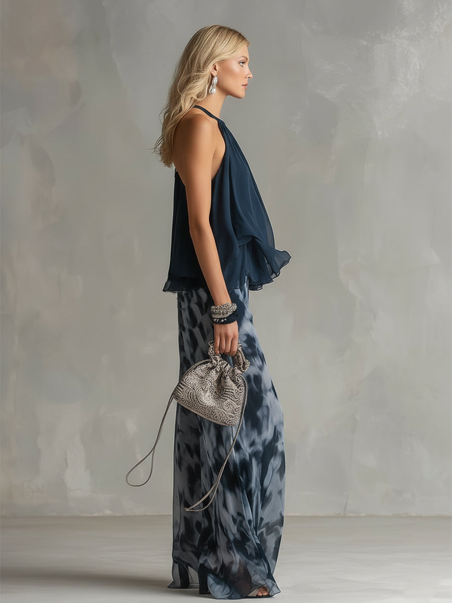 Lilla – conjunto elegante em chiffon com um top de gola alta e calças largas com padrões