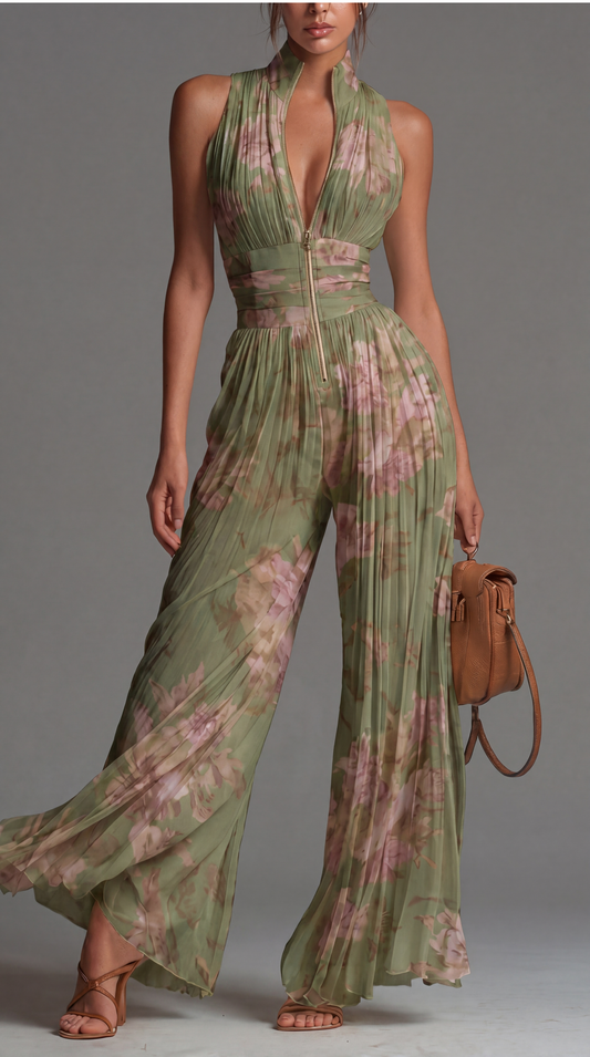 Íris Essência – Macacão de Chiffon Floral Plissado