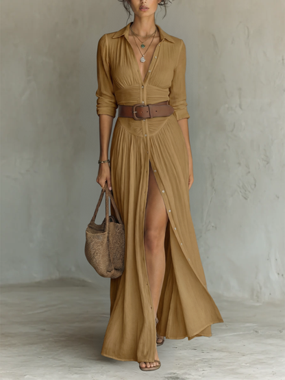 Robe Maxi Mulher | Robe em linho com mangas compridas e gola