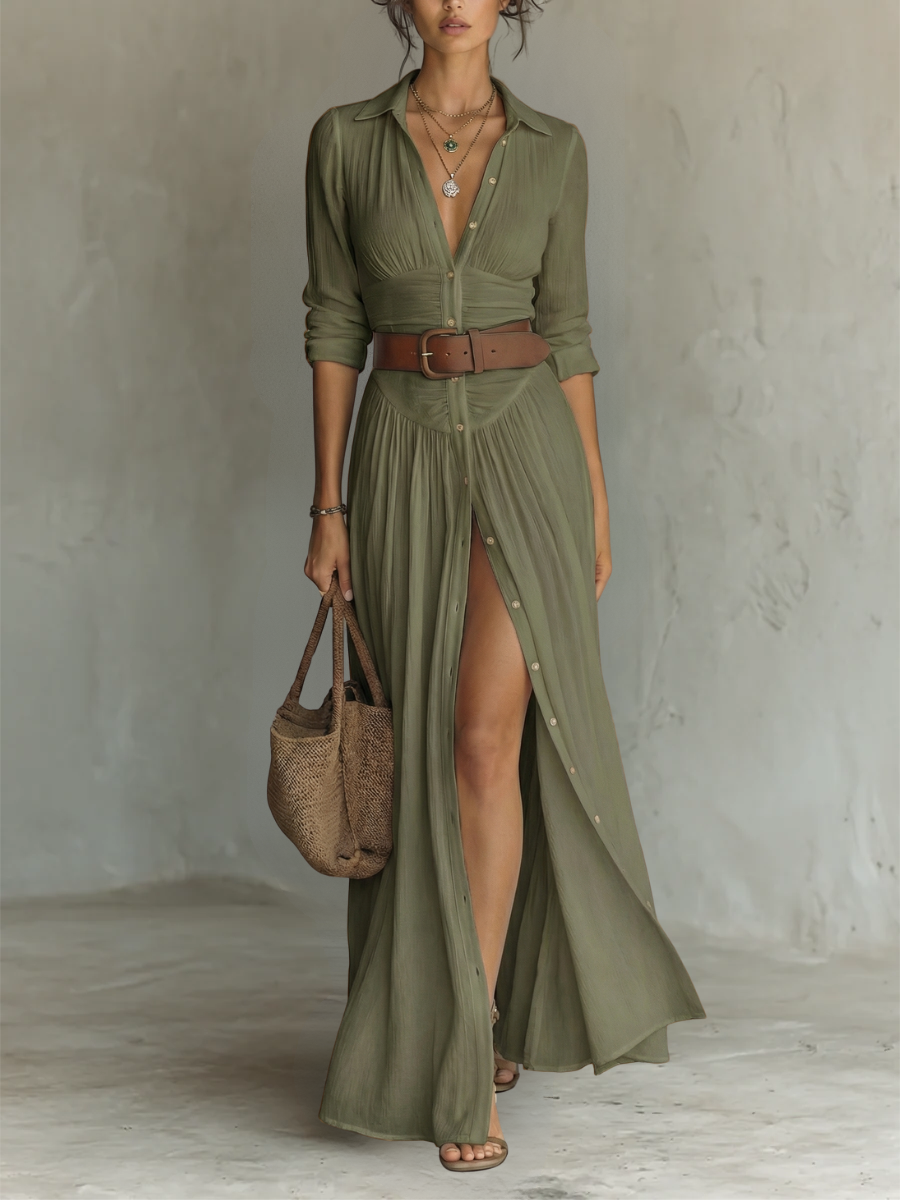 Robe Maxi Mulher | Robe em linho com mangas compridas e gola