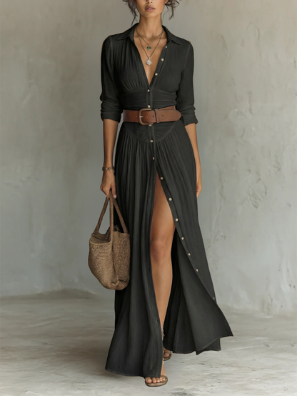 Robe Maxi Mulher | Robe em linho com mangas compridas e gola