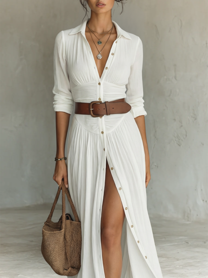 Robe Maxi Mulher | Robe em linho com mangas compridas e gola