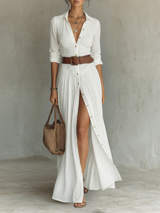Robe Maxi Mulher | Robe em linho com mangas compridas e gola