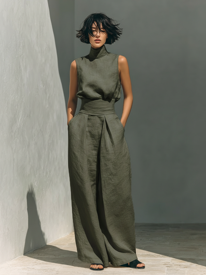 Lili – Conjunto minimalista em algodão e lona: top e calças largas para mulher