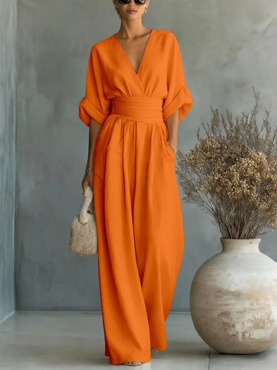Combinação elegante com decote em V e cintura subida