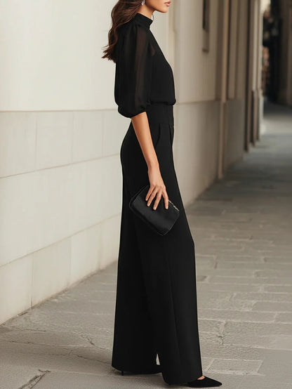 Conjunto de três peças: top preto transparente e calças de perna larga