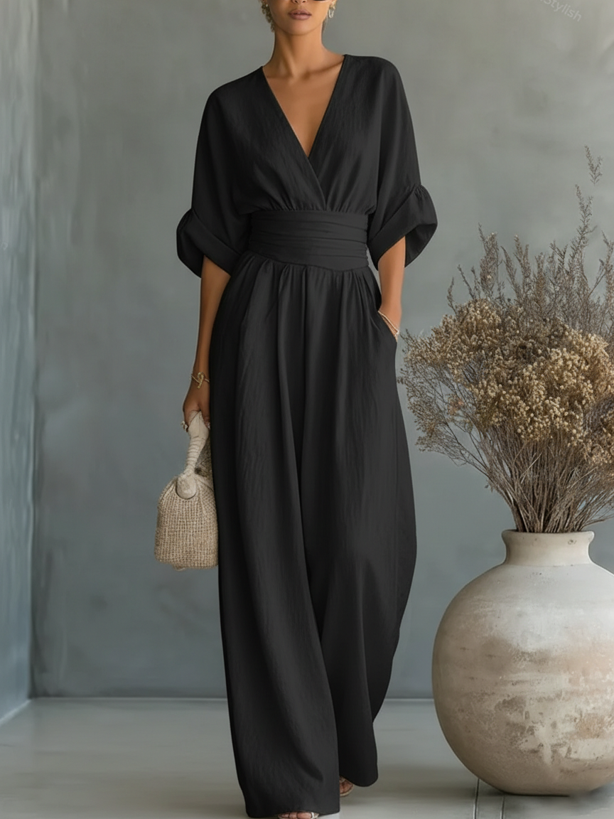 Combinação elegante com decote em V e cintura subida