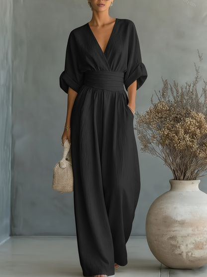 Combinação elegante com decote em V e cintura subida