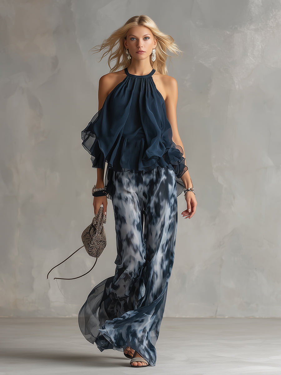 Lilla – conjunto elegante em chiffon com um top de gola alta e calças largas com padrões