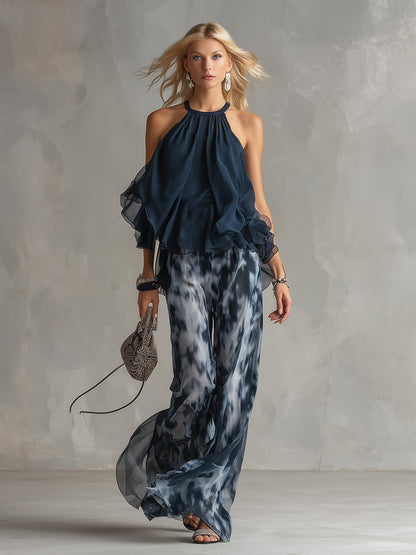 Lilla – conjunto elegante em chiffon com um top de gola alta e calças largas com padrões