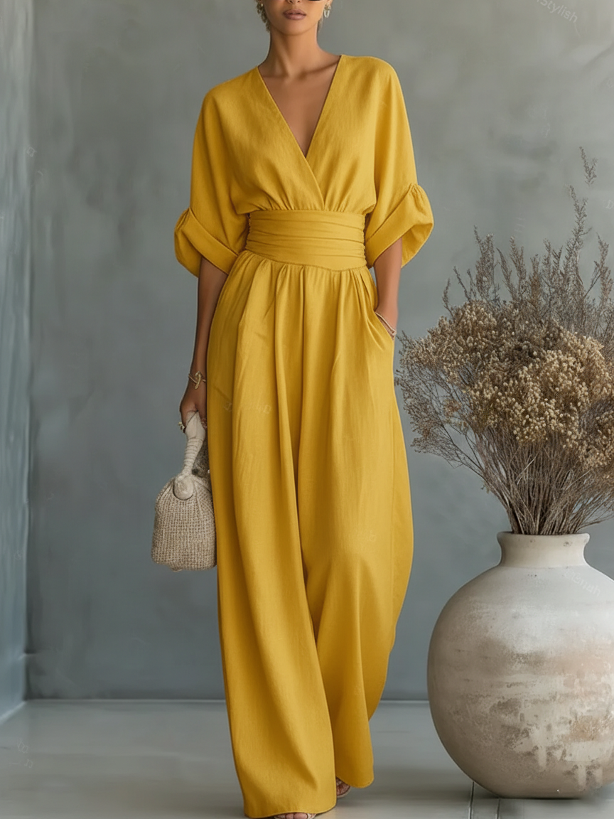 Combinação elegante com decote em V e cintura subida