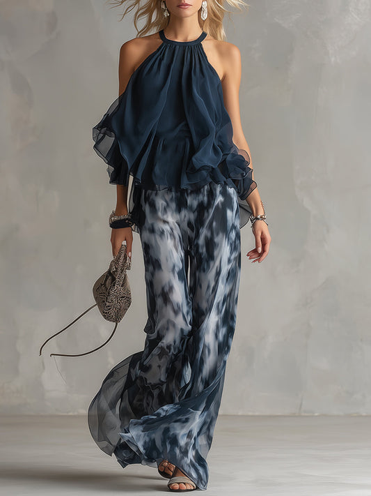 Lilla – conjunto elegante em chiffon com um top de gola alta e calças largas com padrões
