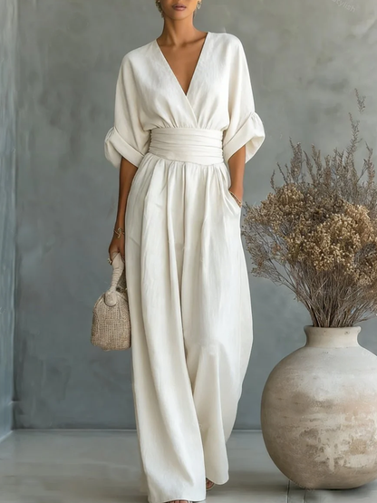 Combinação elegante com decote em V e cintura subida