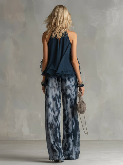 Lilla – conjunto elegante em chiffon com um top de gola alta e calças largas com padrões