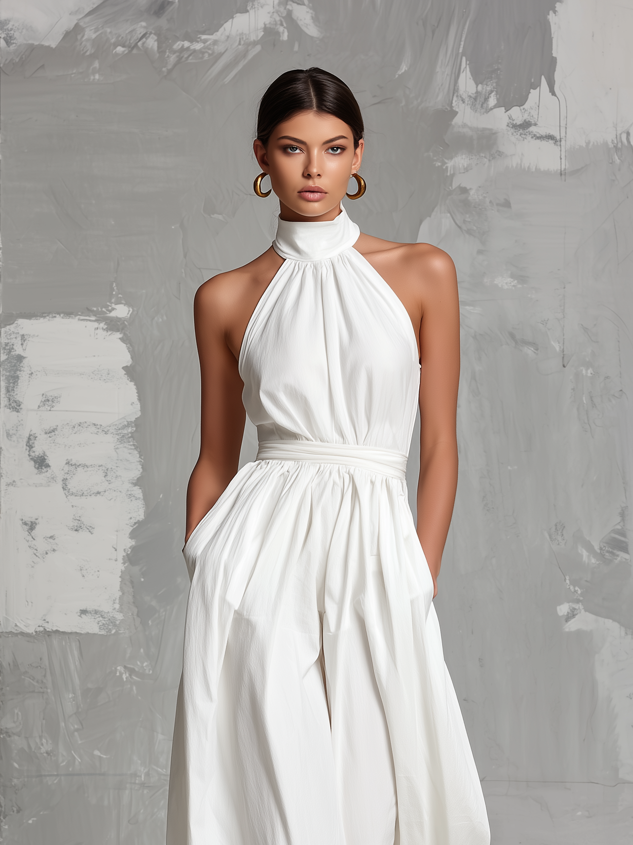 Macacão branco elegante em tecido, sem mangas, com decote halter