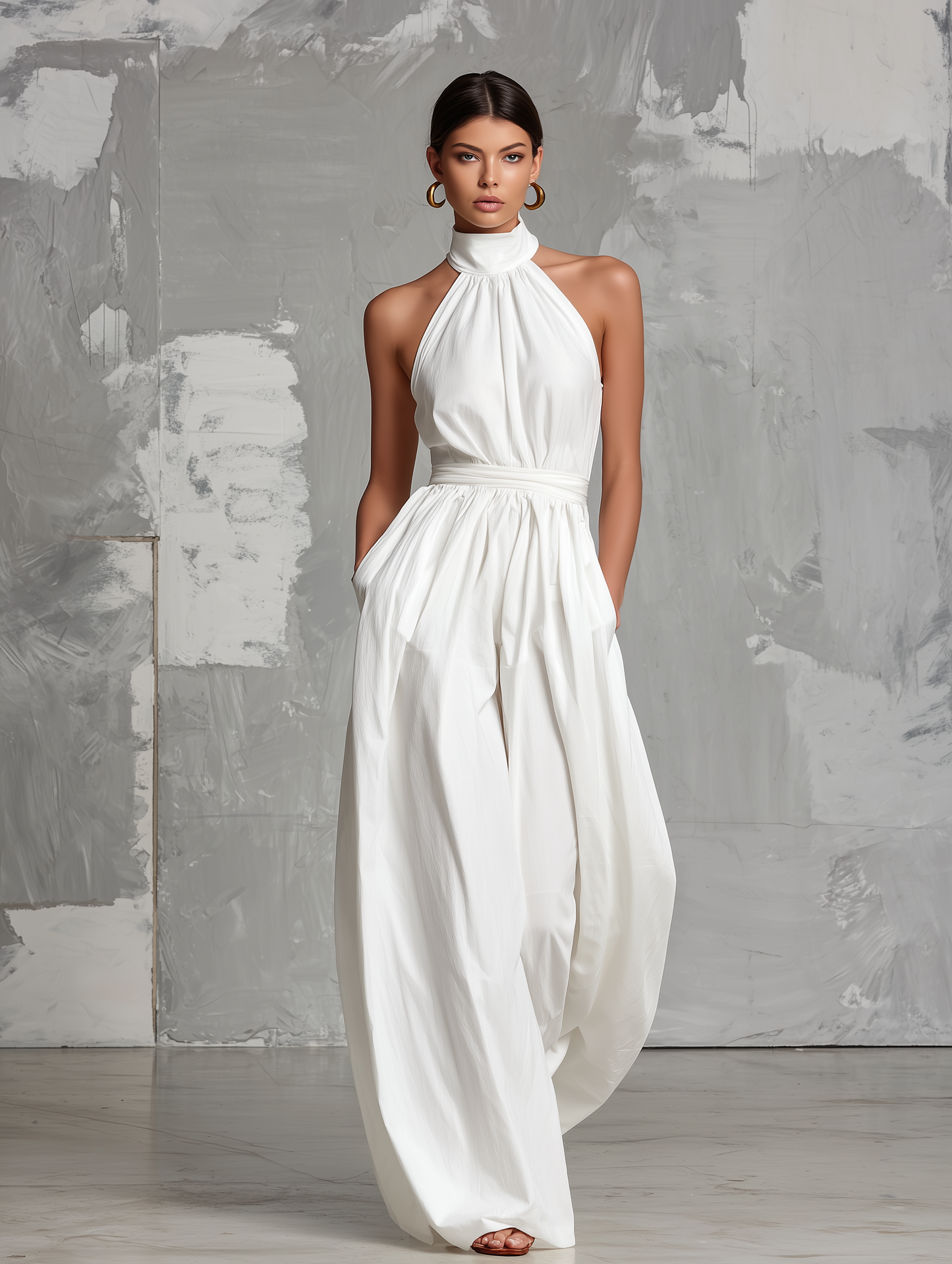 Macacão branco elegante em tecido, sem mangas, com decote halter
