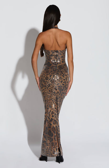 Vestido Maxi Morena - Lantejoulas Estampado Leopardo