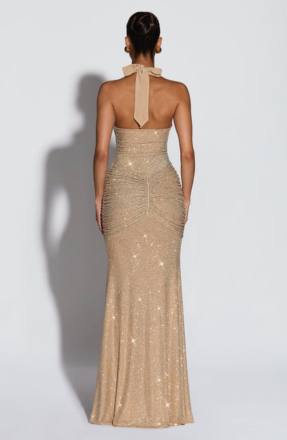 Vestido Maxi Rosetta - Brilho Dourado