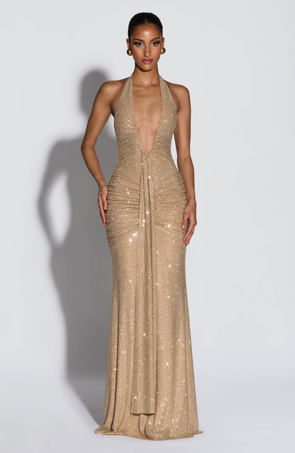 Vestido Maxi Rosetta - Brilho Dourado