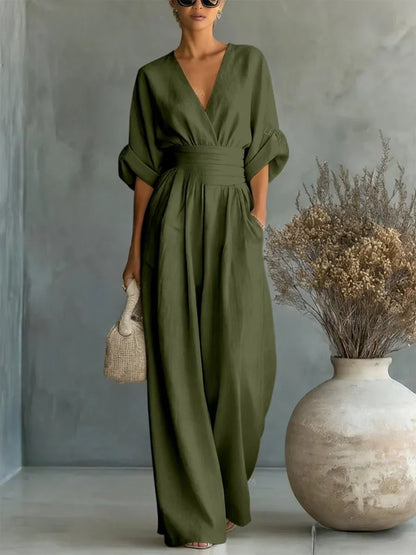 Combinação elegante com decote em V e cintura subida